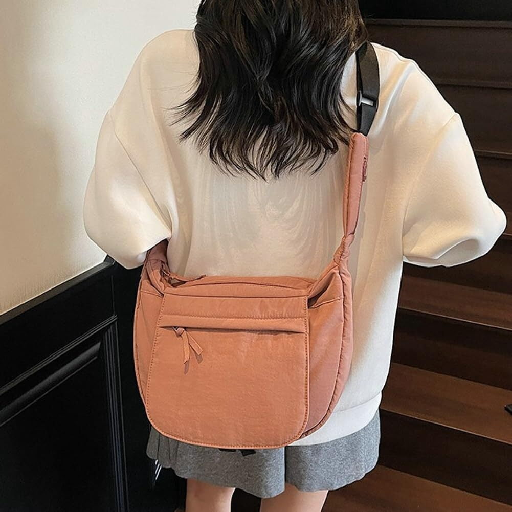 LKJYER Slouchy Nylon Bags for Women 2025 Crescent Crossbody Bag Hobo Shoulder Purse Work Travel Tote Handbag Everyday Purses