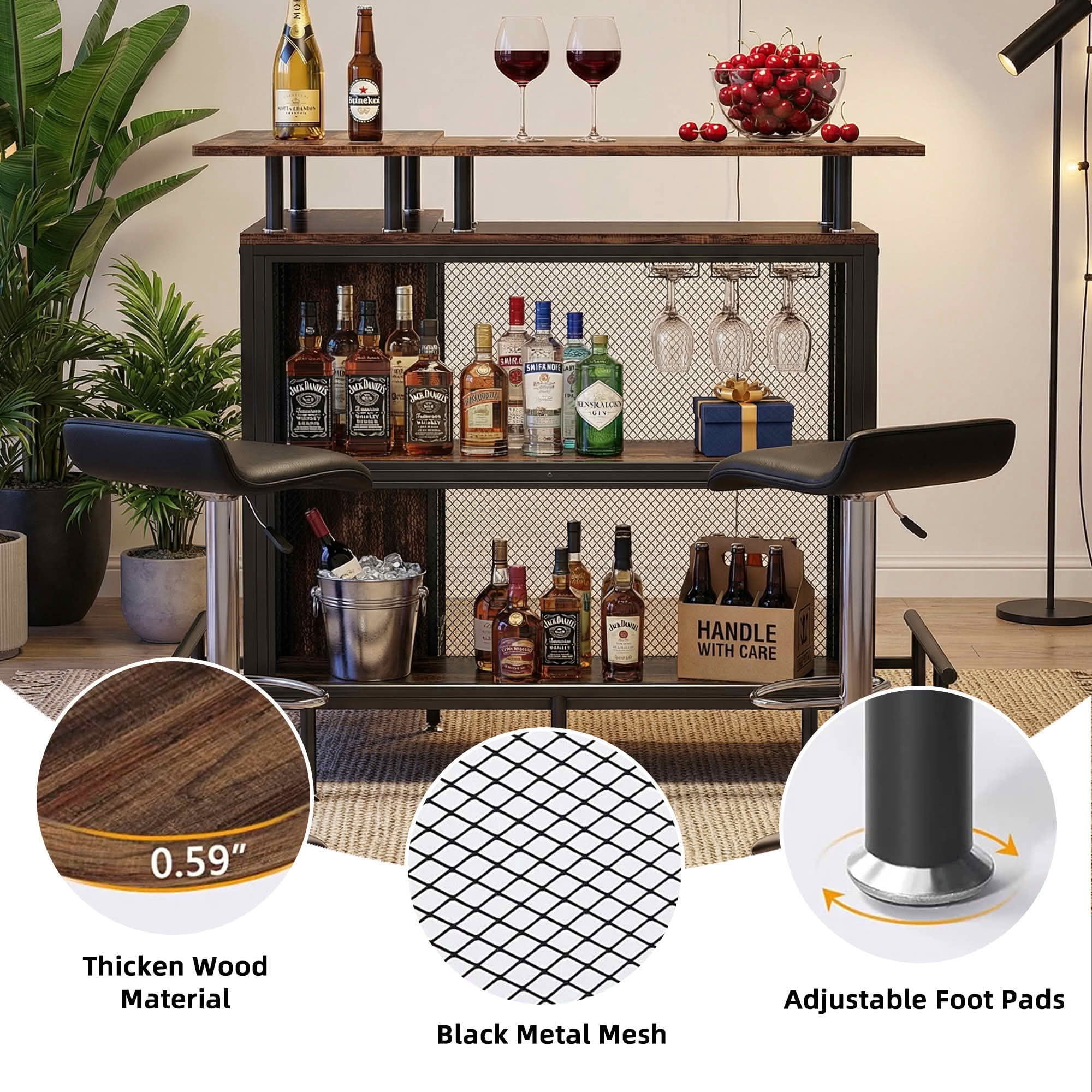 MAYEERTY L Shaped Home Bar Unit, Corner Liquor Bar Table with Glasses Holders and Storage Shelves for Home Entertaining