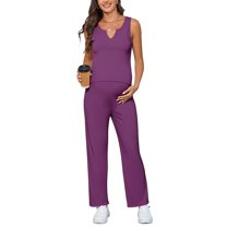 Women's Maternity 2 Piece Outfits Rib Knit Tank Top And Drawstring Waist Wide Leg Pants Lounge Set
