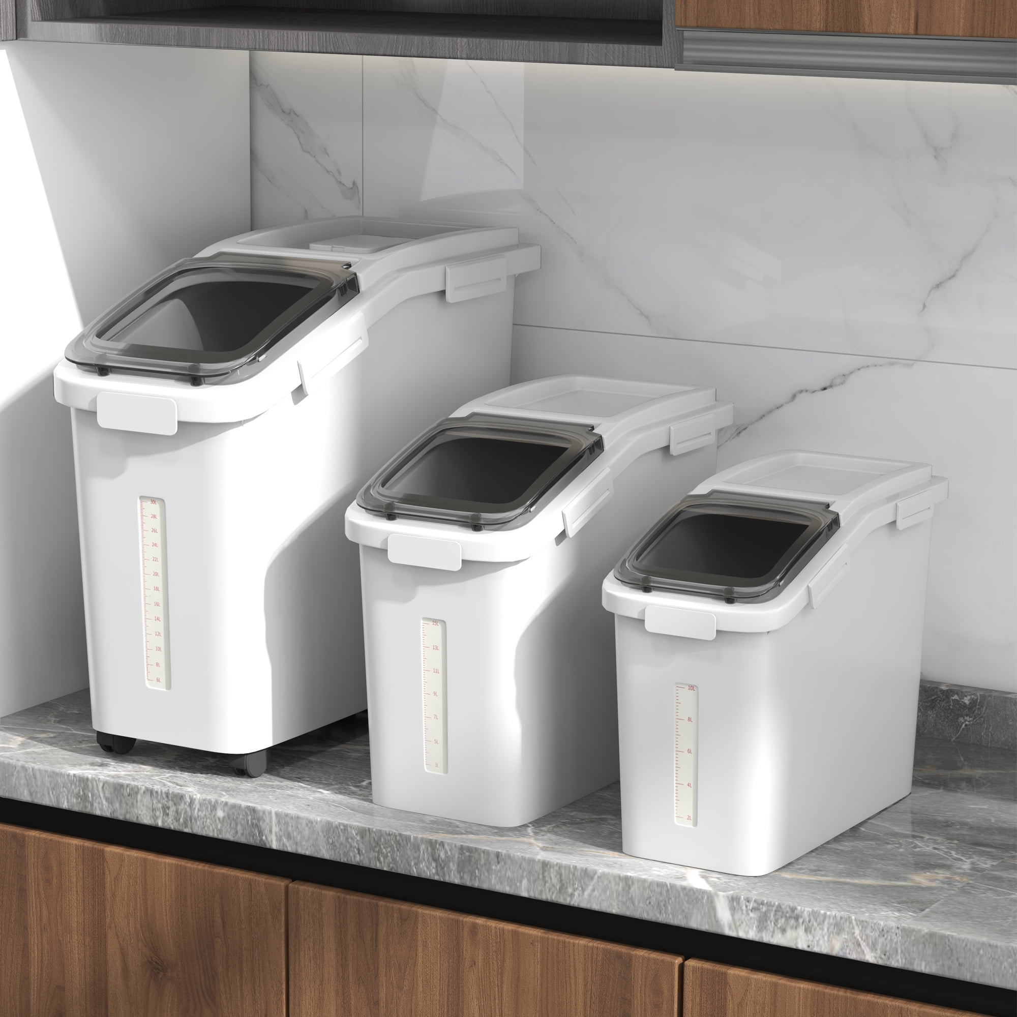 Uforic 20.6 Gal Ingredient Storage Bin(11.4+5.8+3.4 Gal), Commercial Rice Flour Storage Container, 500 Cups Capacity Storage Bins with Wheels, Lid and Scoop, Kitchen Rice Storage Bin, White