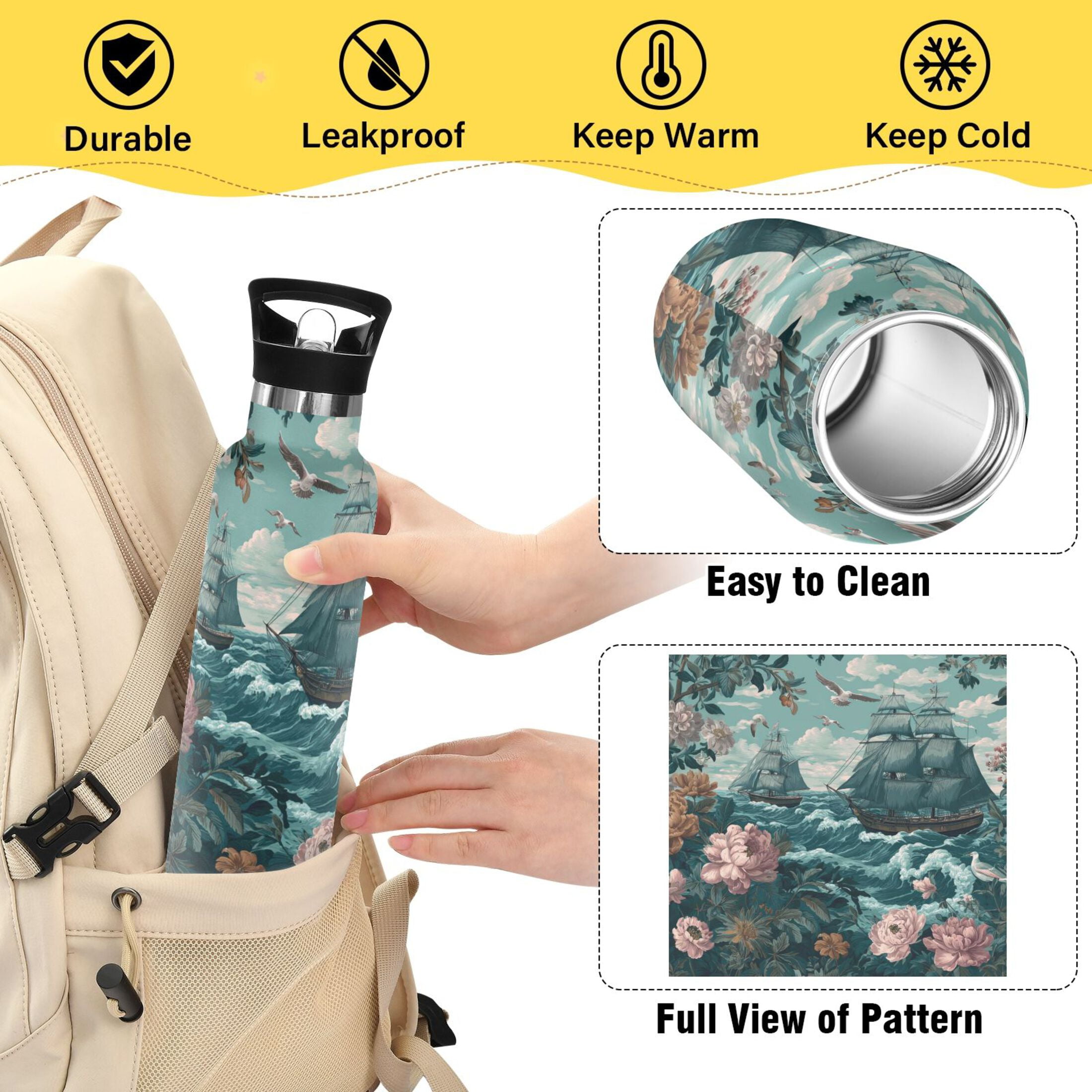 Kids Insulated Stainless Steel Sports Water Bottle 600ml (20oz) Elegant Nautical Scene