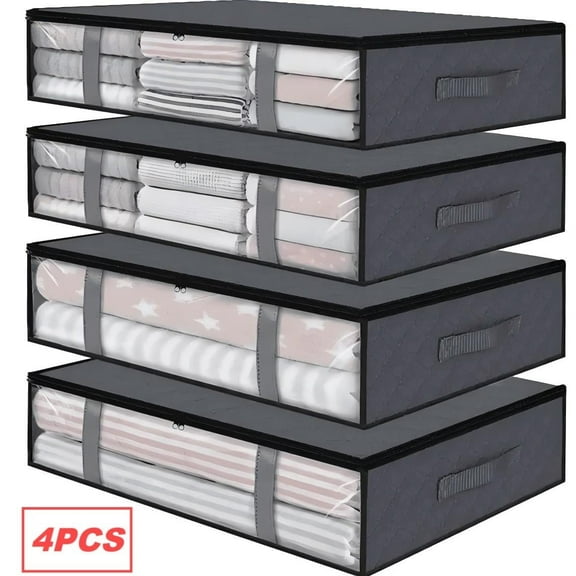 TVTUTPWY 4 Pack 45L Closet Organizers and Under Bed Storage Bags, Foldable and Visible Underbed Storage Containers with Reinforced Handles, Storage Bins for Blanket, Clothing, Comforter, Toys (Grey)