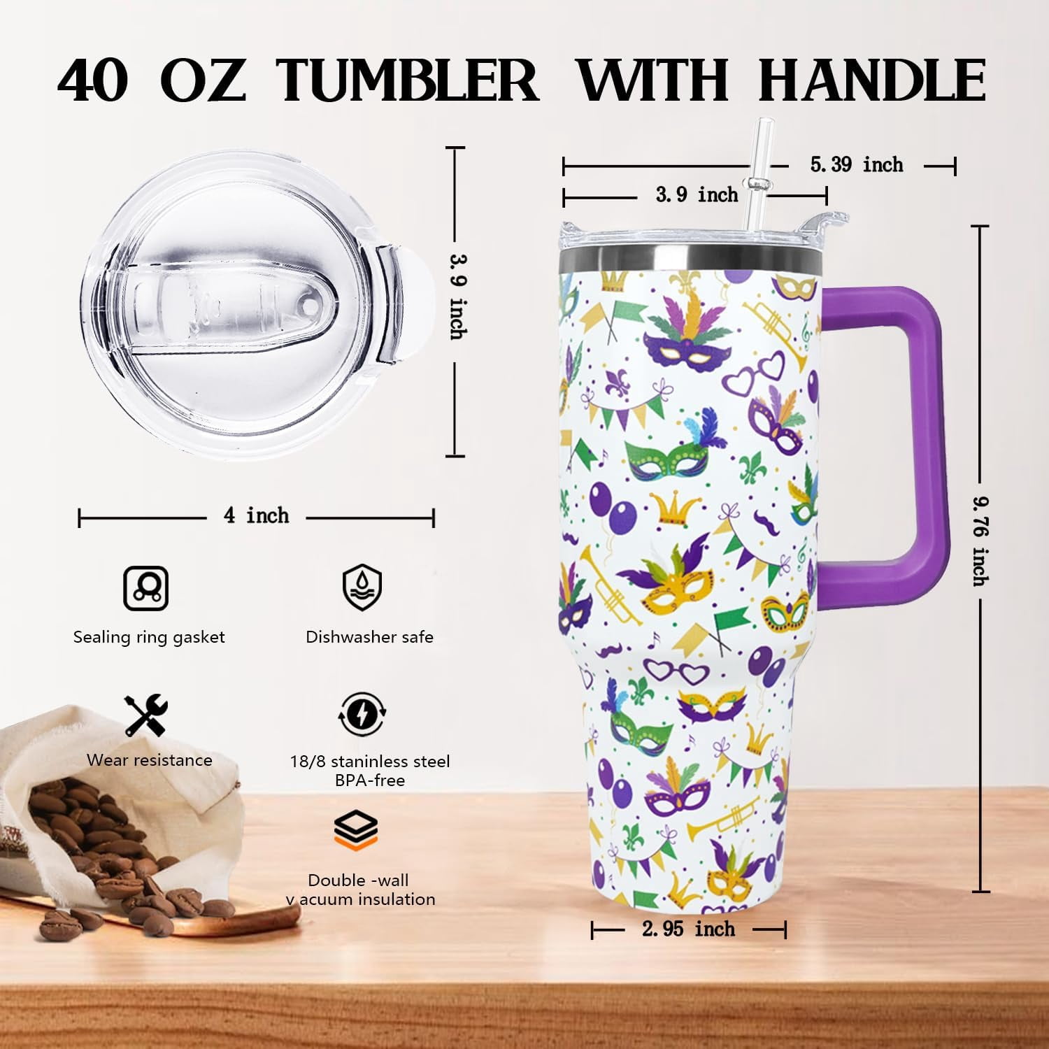 40 Oz Mardi Gras Tumbler with Lid and Straw,40 Oz Mardi Gras Coffee Mugs Water Bottles Wine Drinking GlassesTumbler with Straws,Margi Gras Decor,Margi Gras Gifts for Women