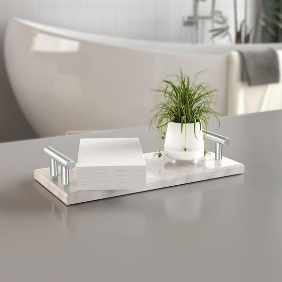 Guest Towel Holder Tray for Bathroom,Marble Slab with Handles - Napkin Holder for Kitchen - Bathroom Tray(Silver,Small)