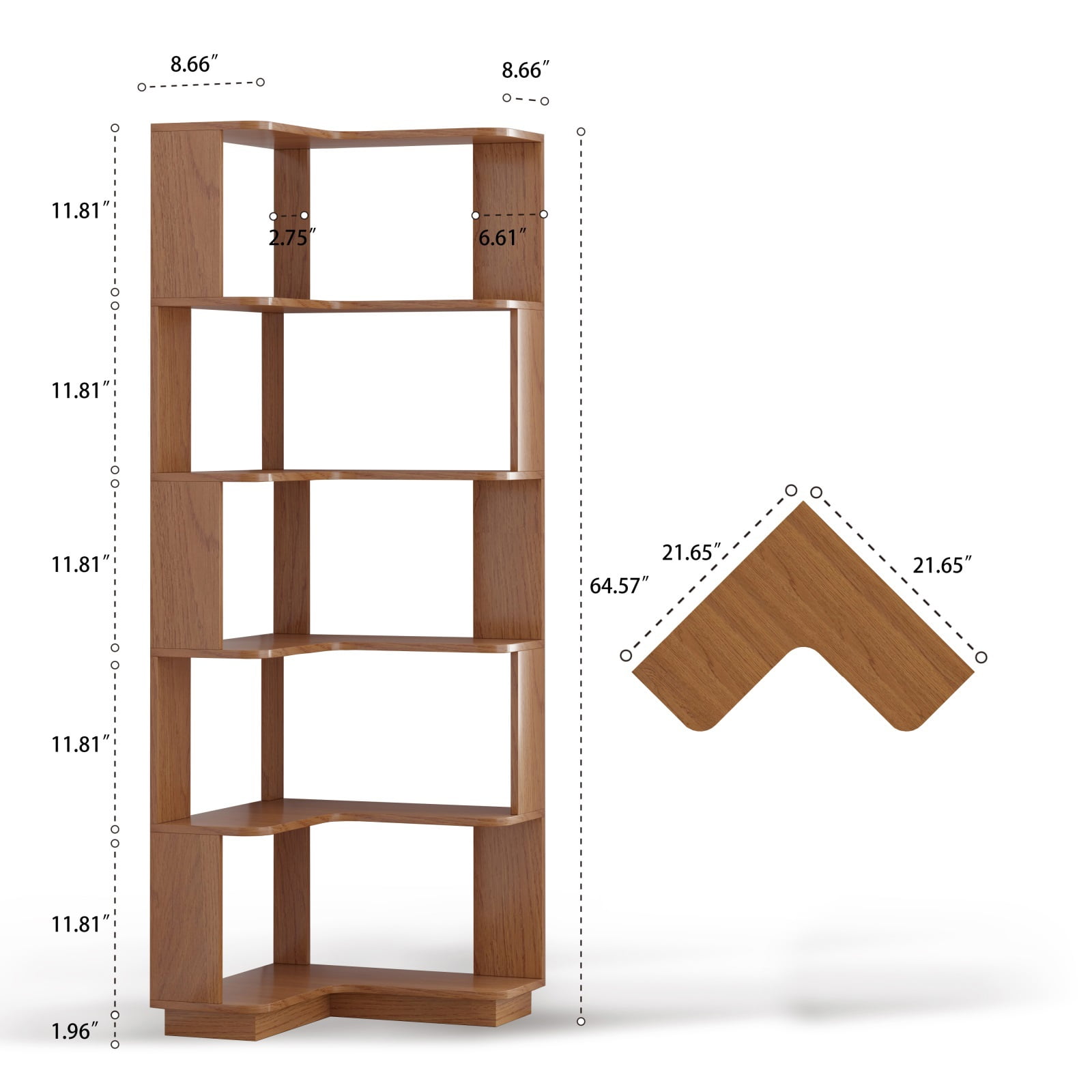 Hommoo 6-Tier Freestanding L-Shaped Corner Bookshelf Display Shelf, Wooden Bookcase Multifunctional Open Storage Rack Organizer, Dark Oak