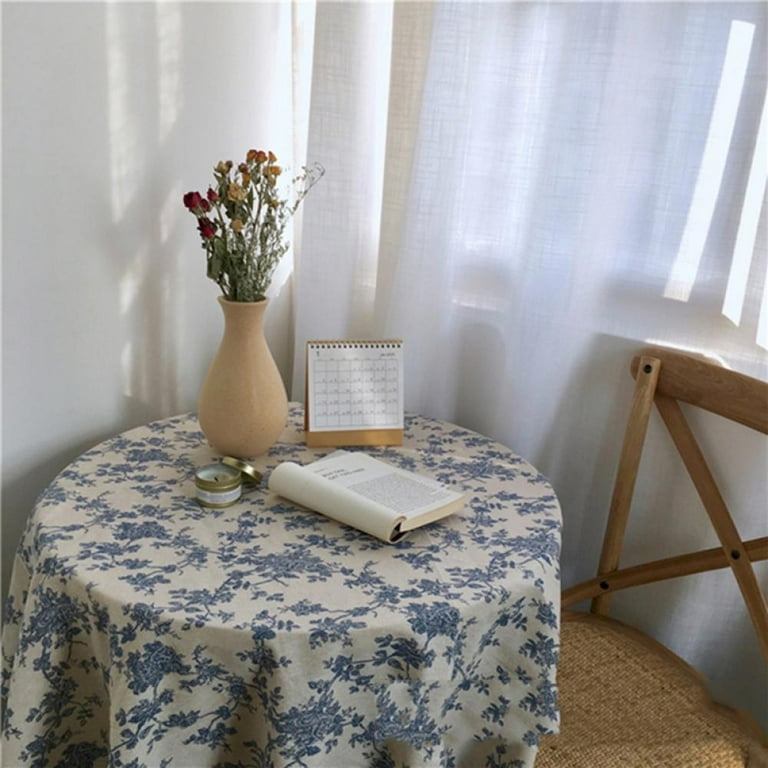 Blue Floral Table Cloth Retro Cotton Linen Blue Flower Wild Rose
