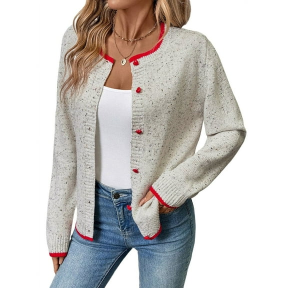 Women'S Button Down Knit Cardigan Sweaters Crew-Neck Long-Sleeve Casual Jumper Outwears Light Gray S