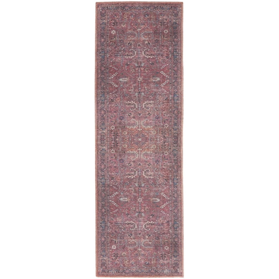 HomeRoots 533093 10 ft. Blue & Red Floral Power Loom Distressed Washable Runner Rug