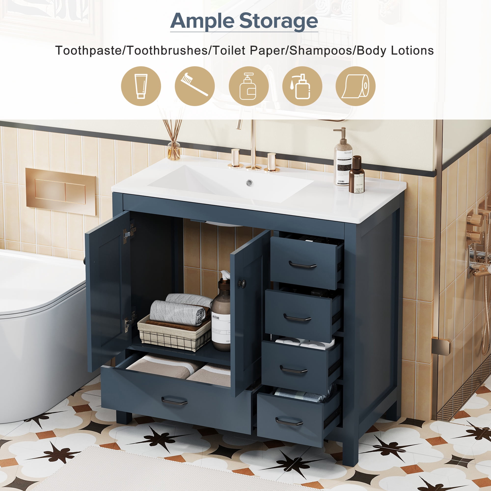 Euroco 36" Blue Bathroom Vanity with Ceramic Sink Combo, Abundant Storage Cabinet -2 Soft close doors and 5 drawers
