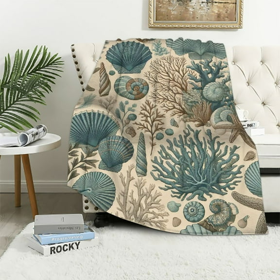 COMIO Nautical Coastal Blanket Starfish Seashell Coral Beach Themed Throw Blankets Gifts for Adults Sea Ocean Theme Lightweight Soft Cozy for Sofa Couch Bed Room Birthday Decor