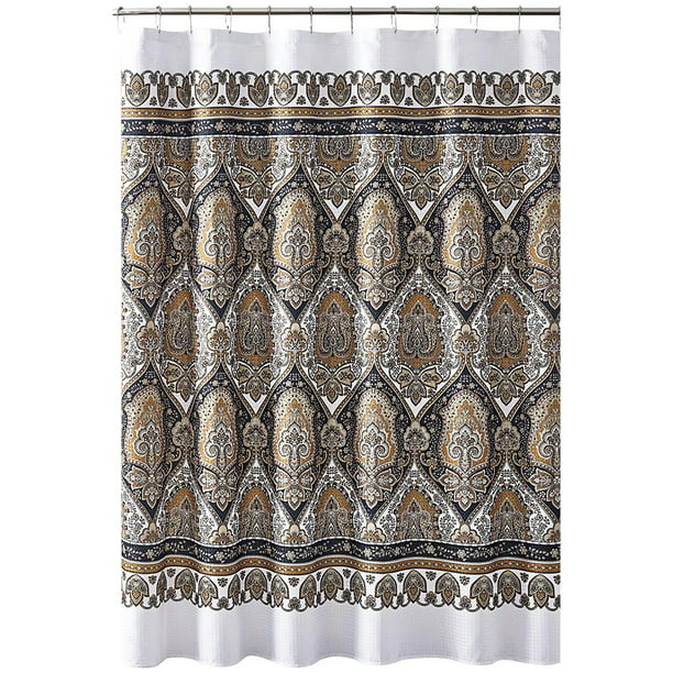 Bohemian Style Fabric Shower Curtain, White Silver Gold Shower Curtain