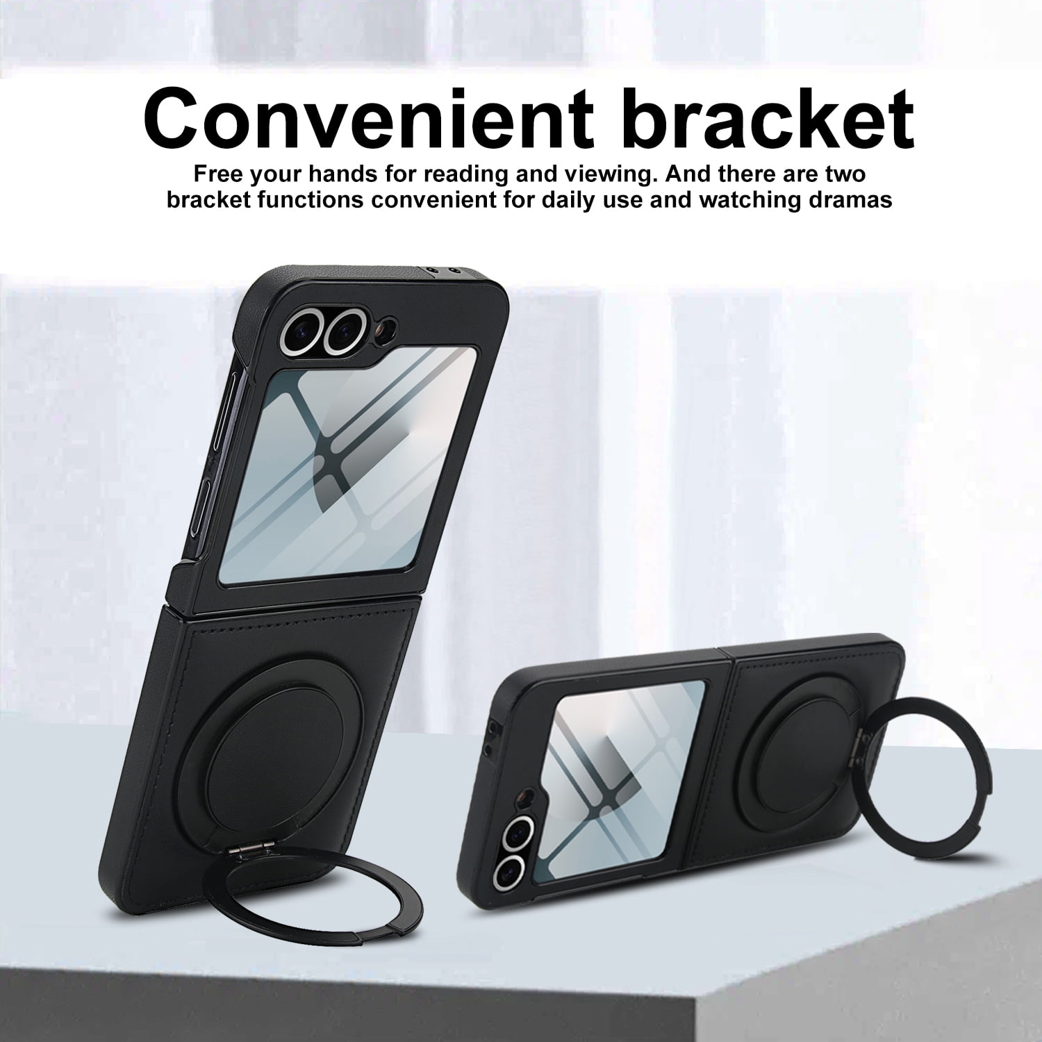 Compatible with Samsung Galaxy Z Flip 7 Phone Case,Built-in Screen Protector,360° Rotatable Ring Kickstand,Compatible with Mag-Safe,Anti-Scratch Leather Shockproof Rugged Phone Case,Black