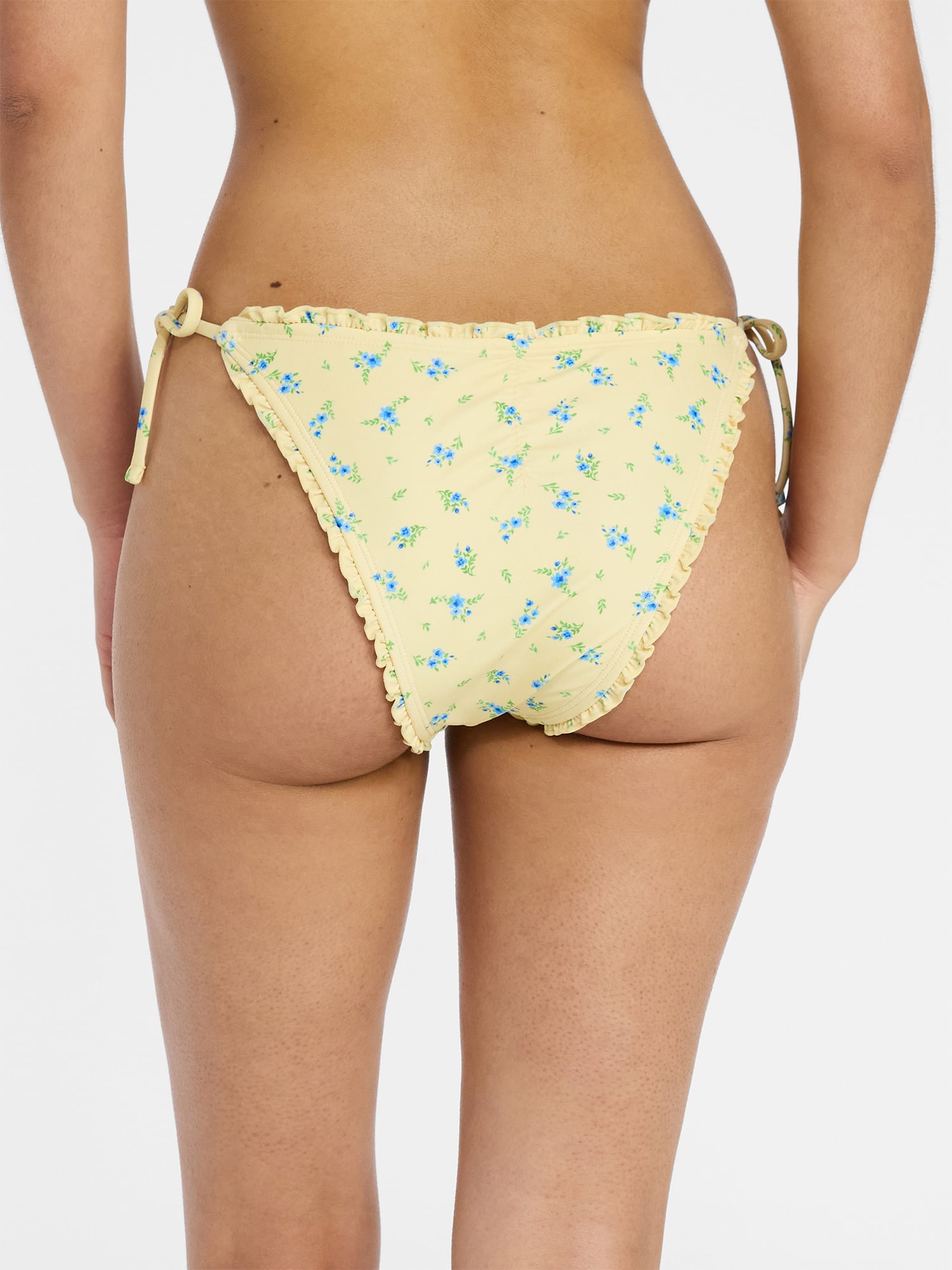 No Boundaries Floral Print Side Tie Bikini Bottoms with Lettuce Edge, Women’s XXS-XXL