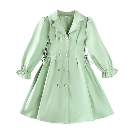 

Winter Coats For Girls Green Autumn Solid Color Double Waist Strap Medium Long Coat 3-4 Years