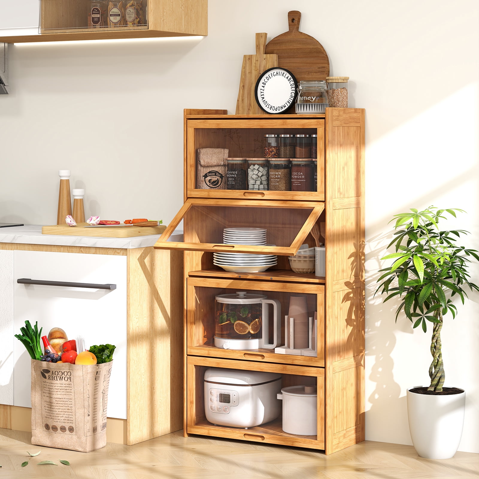 Gymax 4-Tier Bamboo Bookshelf w/Doors See-through Acrylic Doors Freestanding Bookcase Natural