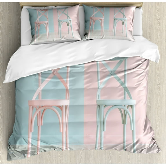 Pastel Duvet Cover Set Queen Size, Modern Image of Two-toned Retro Modern Design Wooden Chairs Art Print, Decorative 3 Piece Bedding Set with 2 Pillow Shams, Pale Blue Grey and Rose, by Ambesonne