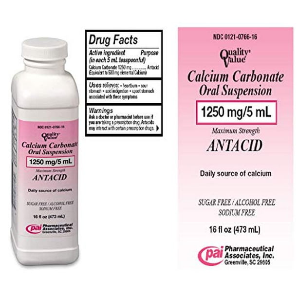 Calcium Carbonate Oral Suspension Antacid 1250mg, Sugar & AlcoholFree