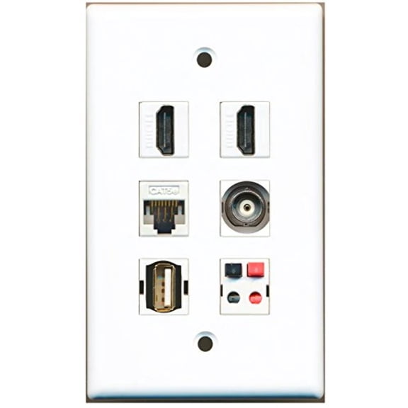 RiteAV - 2 HDMI 1 Port USB A-A 1 Port BNC 1 Port Cat5e Ethernet White 1 Port Speaker Wall Plate