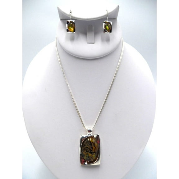 Pierced silver and brown multi colored stone necklace and earring set