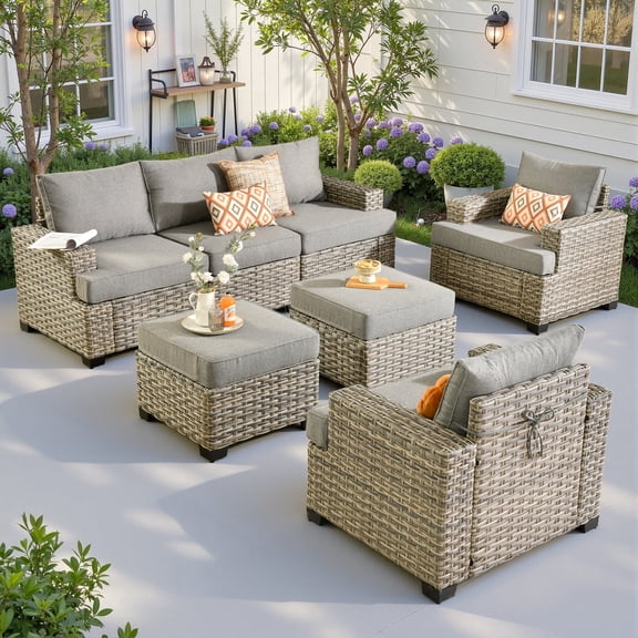 Ovios 7 Pieces Outdoor Patio Sectional Furniture All-Weather Rattan Wicker Conversation Patio Sofa Outdoor Chairs for Backyard Balcony