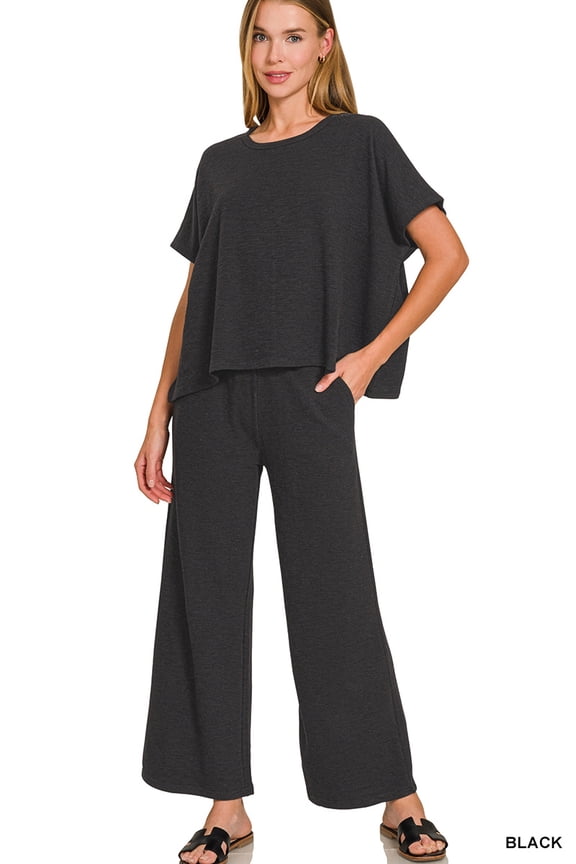 Womens Cotton Slub Short Sleeve Top & Elastic Waistband Pants Set