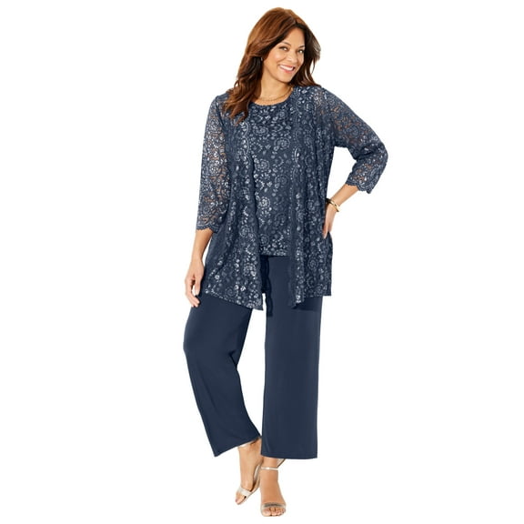 Catherines Women's Plus Size Petite Luna Lace 3-Piece Pant Suit