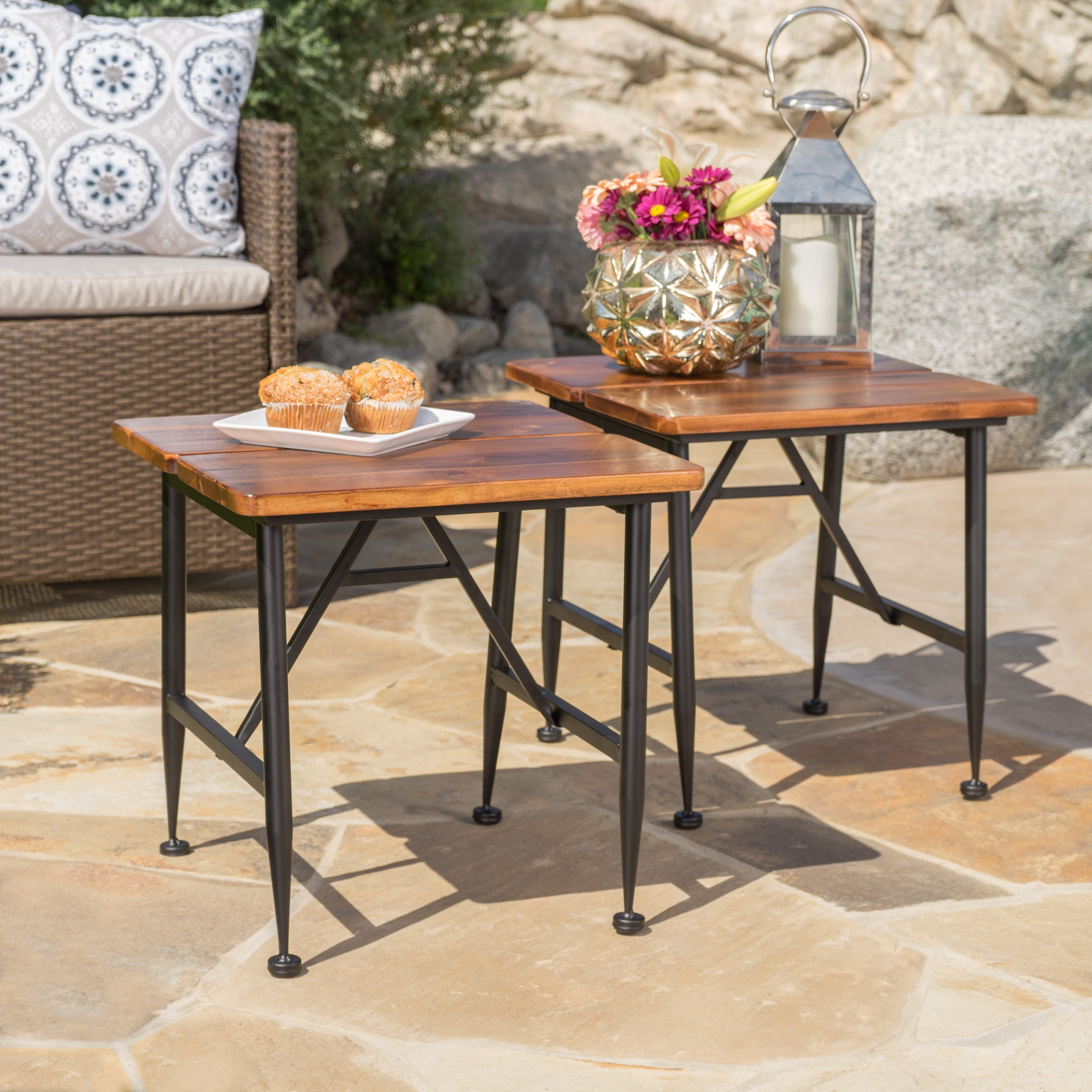 Cascada Outdoor Acacia Wood Accent Table With Iron Cascada Outdoor Acacia Wood Accent Table With Iron Accents Set Of 2 Antique Finish Black