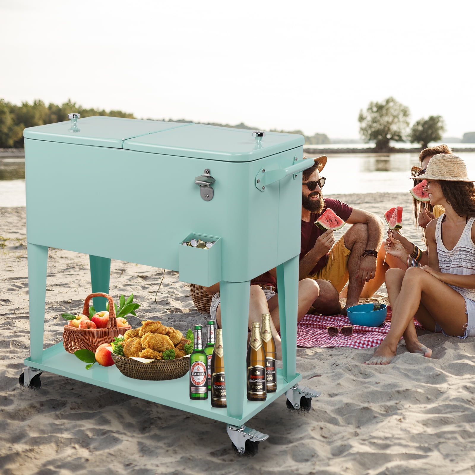 BAYUELSWU 80 Quart Patio Cooler Rolling Cooler Ice Chest with Wheels, Cooler Carts Square with Shelf and Bottle Opener Portable for Outdoor Indoor Patio Party Camping Patio (Mint)