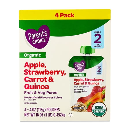Parent's Choice Organic Stage 2 Baby Food Apple, Strawberry, Carrot & Quinoa, 4 oz Pouches, 4 Pack