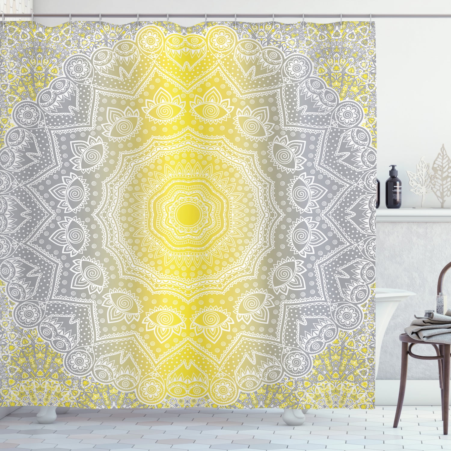 Grey and Yellow Shower Curtain, Mandala Ombre Old Boho Pattern with Spiral Round Floral Print