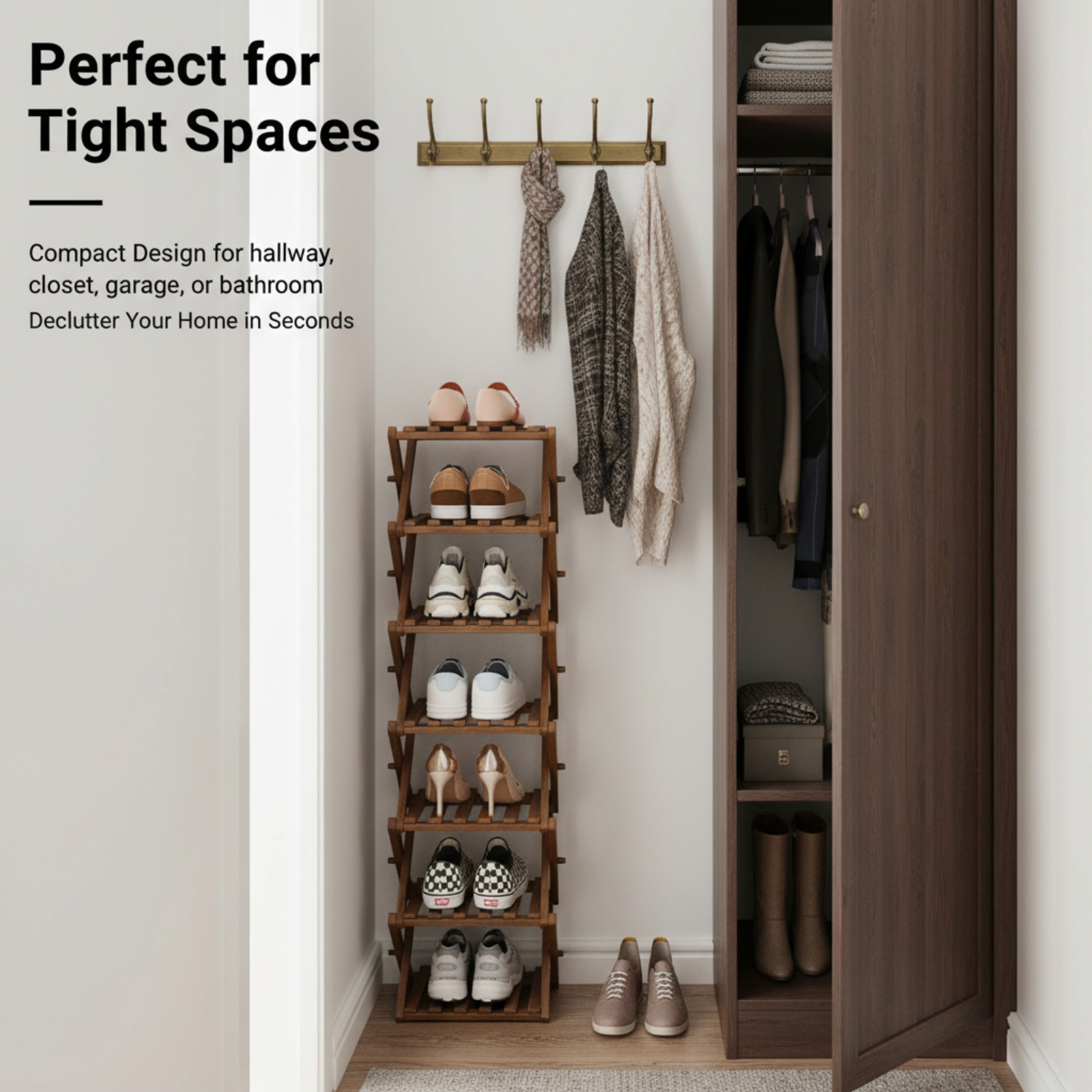 JUANYU Shoes Rack Organizer,Multi Tier Wooden Foldable Storage Rack for Home Shoe Storage with Durable Cross Structure,7-Tier,Tawny
