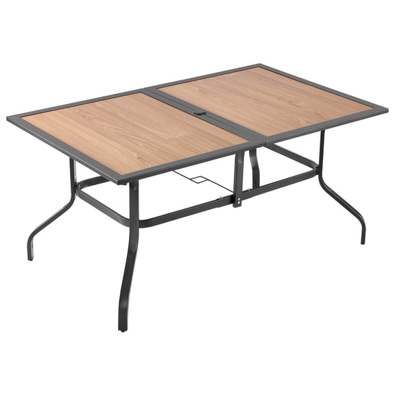 All-Weather Outdoor Bistro Table 59 Inch, Wood-Look Steel Patio Furniture for Lawn & Porch with Umbrella Hole