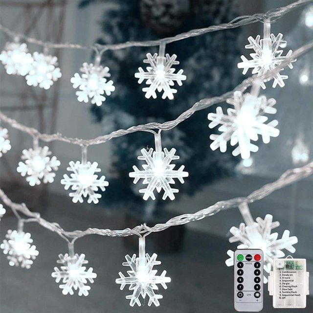 Luces navideñas de copos de nieve, 20 pies, 40 LED, 8 modos y temporizador, luces decorativas navideñas a batería con control remoto, luces de hadas para decoraciones de fiestas navideñas en