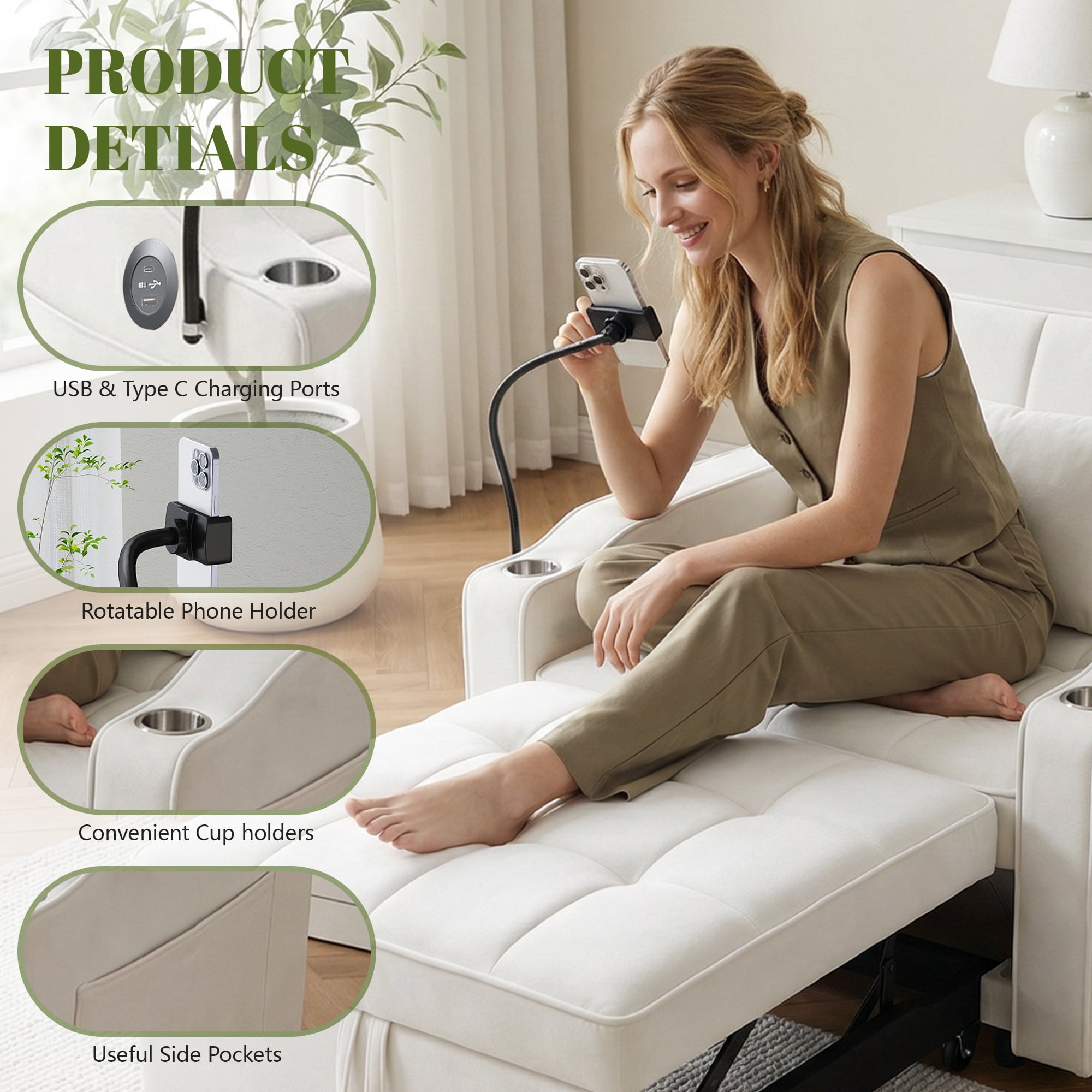 Gewnee 37.2''Convertible Sofa Bed with USB and Phone Holder,2 Cup Holders and 3 Adjustable Backrest,Suitable for Living Room,Apartment and Office.Beige