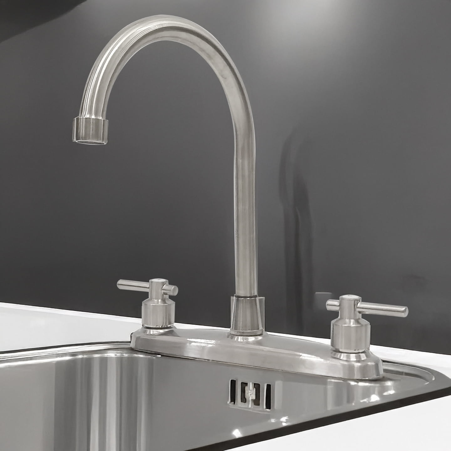 Kitchen Sink Faucet 2 Handle 8 Inch Centerset High Arc 360° Swivel Hot & Cold Faucet for Rv Camper Laundry Utility Bar Sinks Metallic RV Kitchen Faucet (Fit for 8 inch 2 or 3 Holes), Brushed Nickel