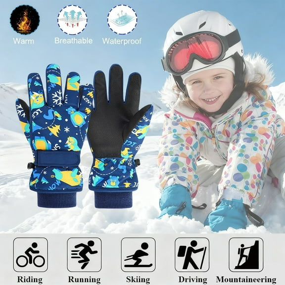 CUZIBR Kids Gloves Windproof Warm Thick Ski Gloves Waterproof Snowboarding Skating Cycling Comfortable Thermal Mittens For Snow Weather,Dark Blue,L