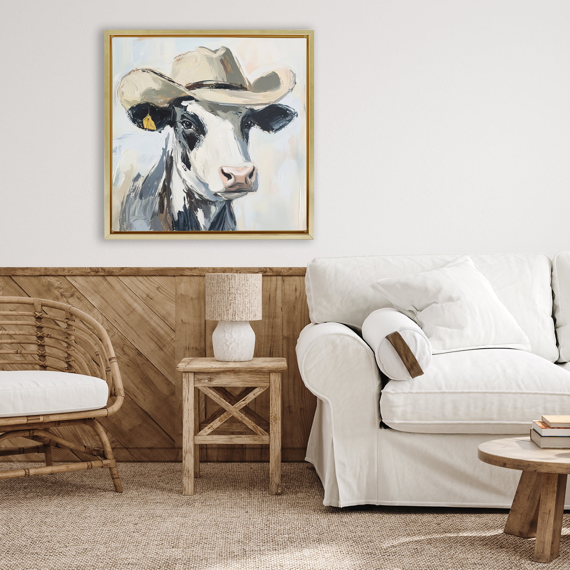 Stupell Industries Cowboy Carl Cow Gold Framed Floater Canvas Wall Art, design by Tina LeCour