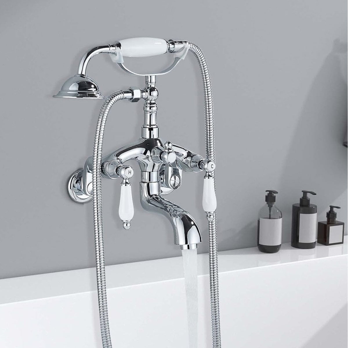 Chrome Clawfoot Tub Faucet Wall Mount Bathtub Faucet Set with Handheld Shower
