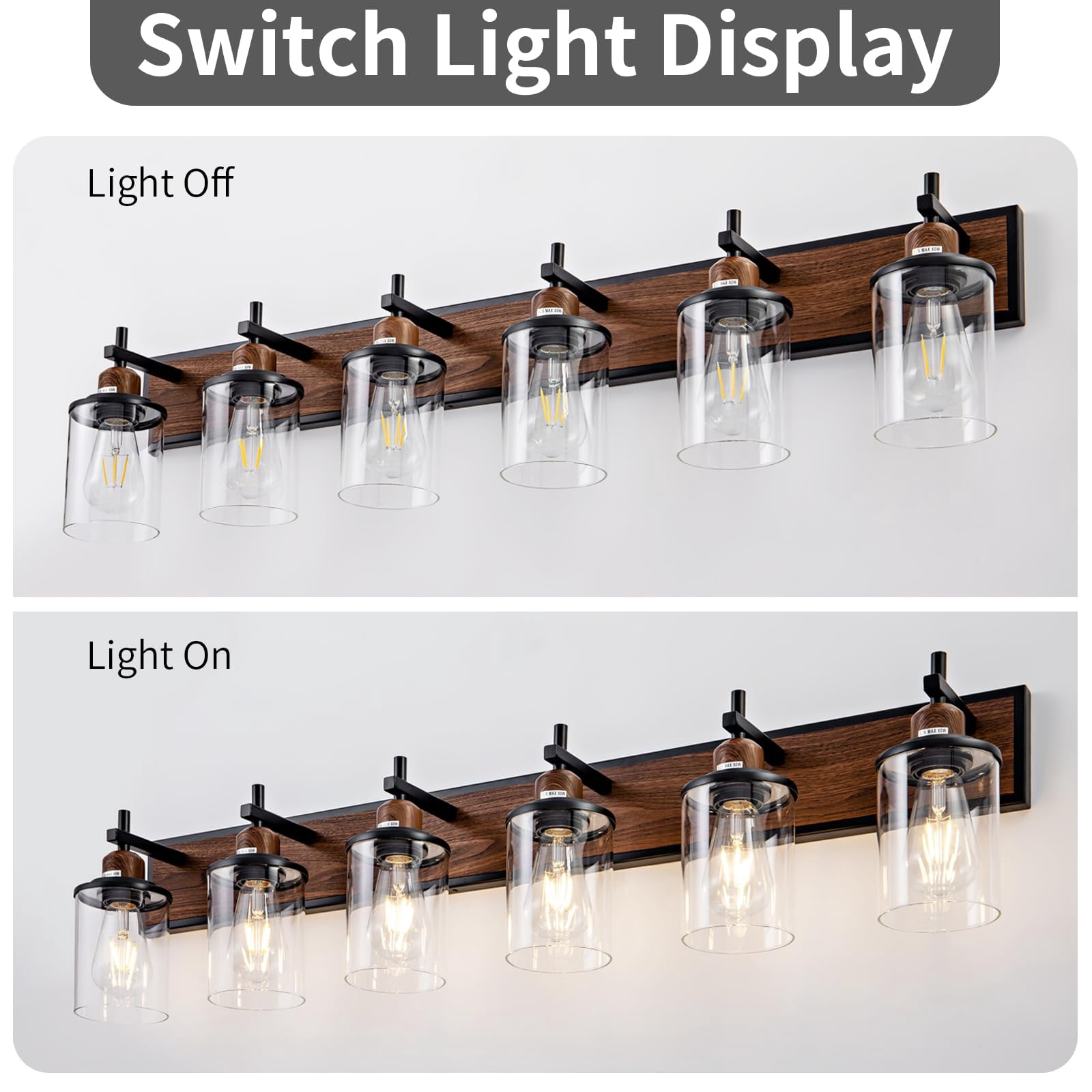 6-Light Black and Wood-painted Vanity Light Farmhouse Bathroom Fixture