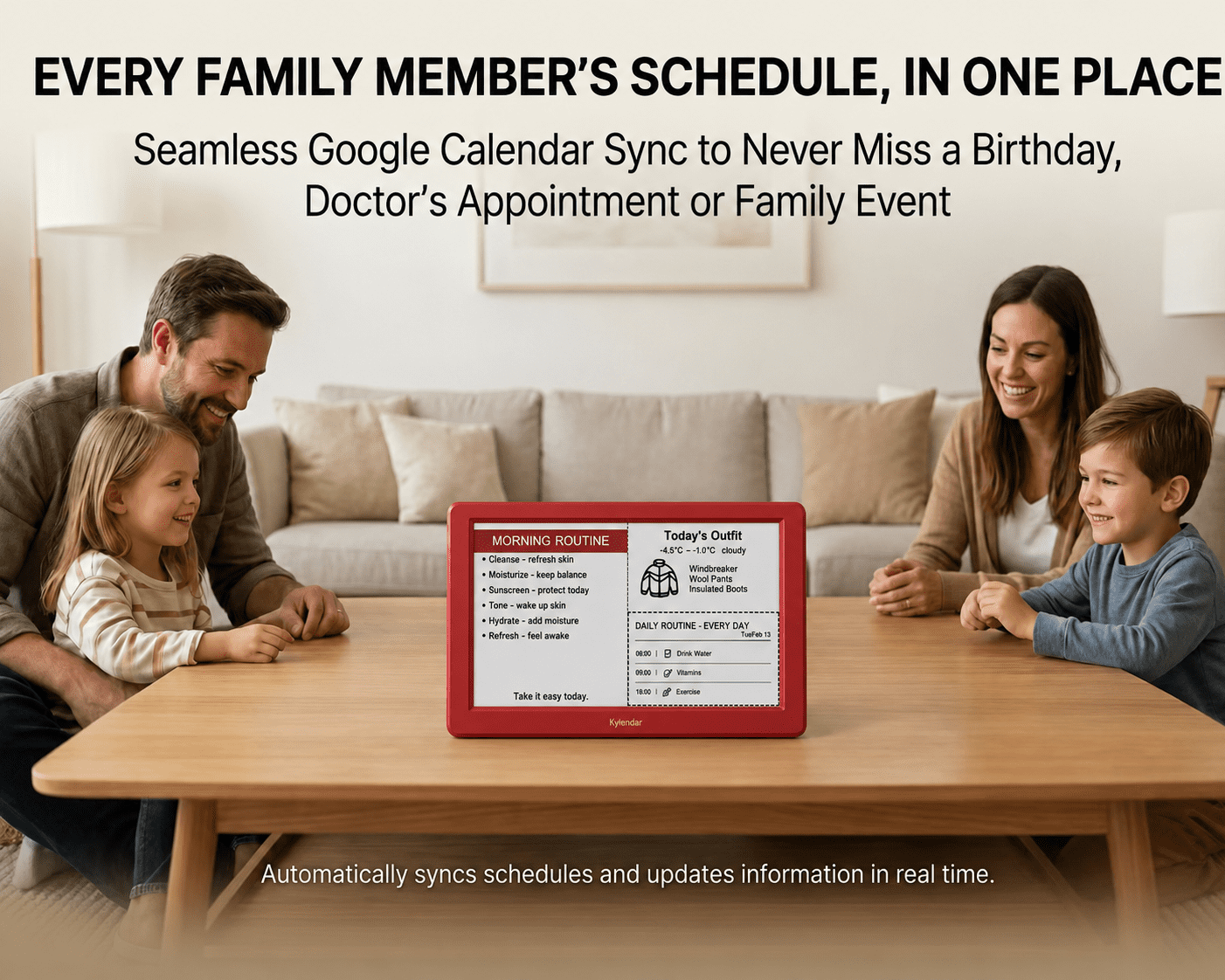 Kylendar V2 7.5" E-Ink Family Calendar, Smart Shared Schedule Display for Home Organization, Red