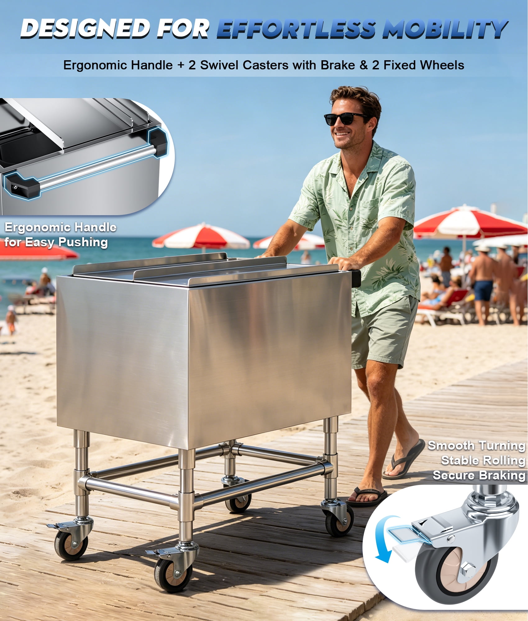 Esheno 80 Quart Rolling Ice Chest Cooler Cart Stainless Steel Insulated Outdoor Beverage Cooler with Cup Holders Wheels Sliding Lid Drain for Backyard Pool Party BBQ