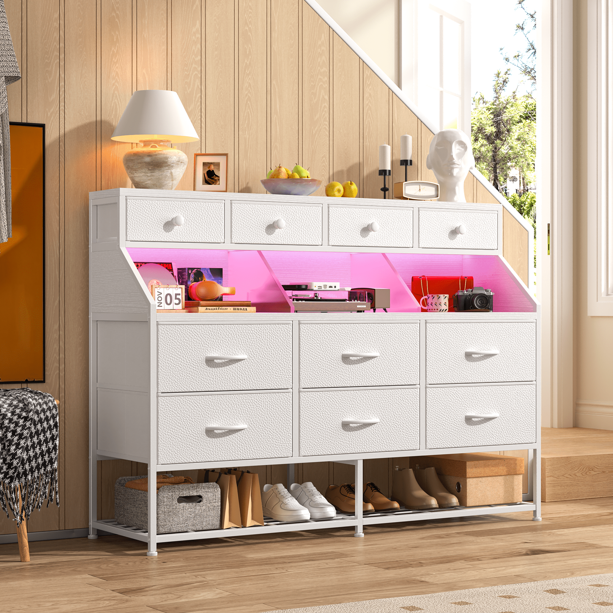 EnHomee White Dresser with Shoe Rack 10 Fabric Drawers Dressers for Bedroom Dressers & Chests of Drawers with Power Outlets and LED Lights