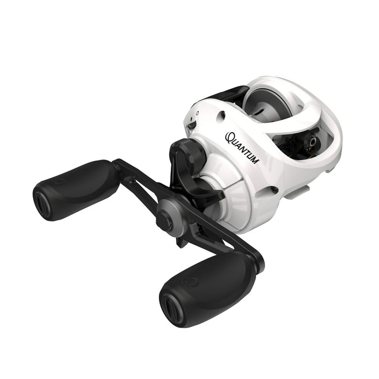 Quantum Accurst Bait Cast Fishing Reel, Size 100 Reel, Right-Hand Retrieve,  Oversized Non-Slip Handle Knobs and Continuous Anti-Reverse Clutch,  One-Piece Aluminum Frame, 6.3:1 Gear Ratio, White 