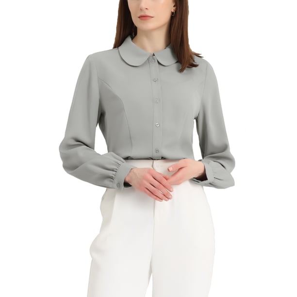 CURVOSPORT Camisa de Mujer con Botones, Cuello Peter Pan, Manga Larga, Blusa de Línea Princesa XL Gris