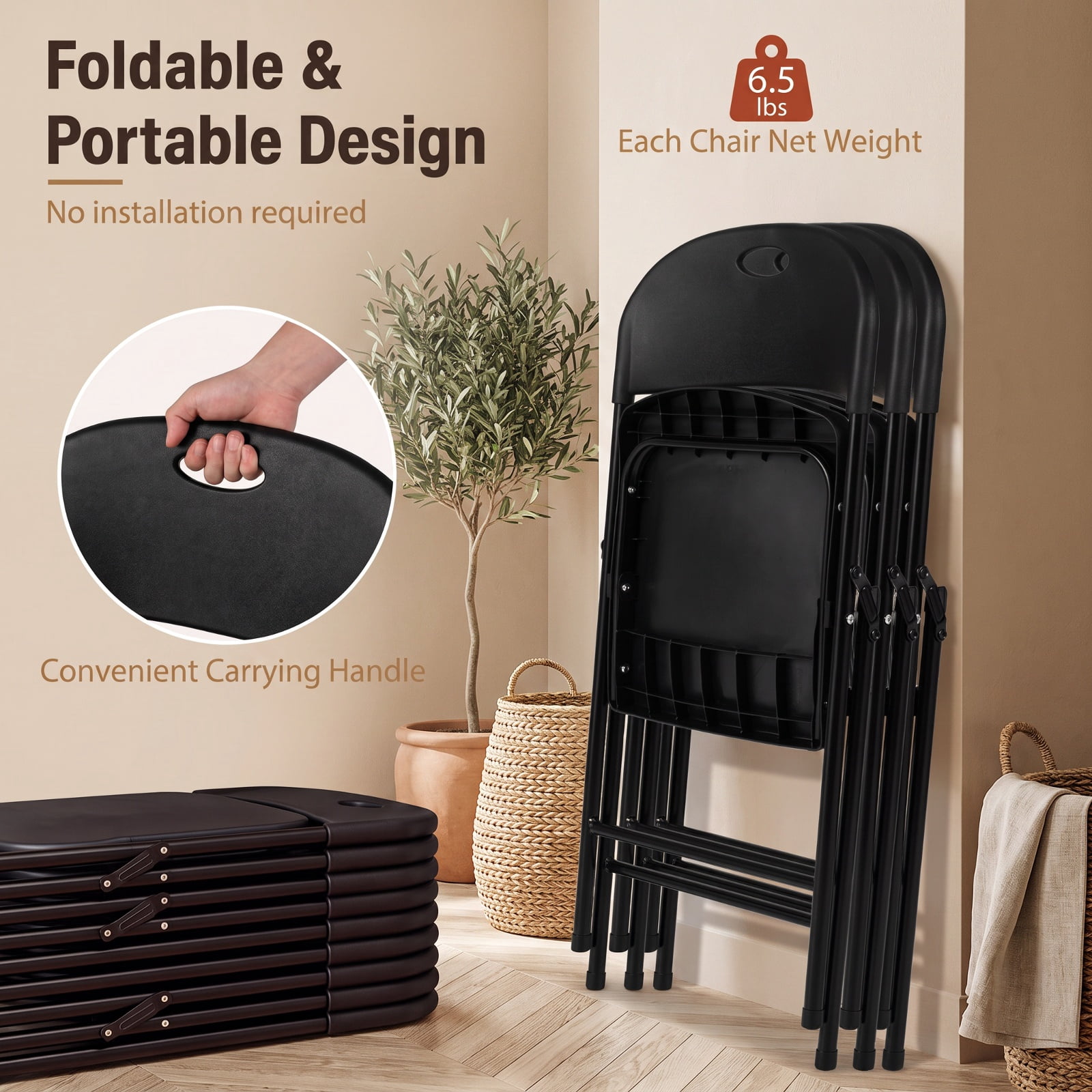 Furnibear Set of 4 Foldable Plastic Chairs with Ergonomic Backrest for Kitchen Dining Room Living Room Home, Black