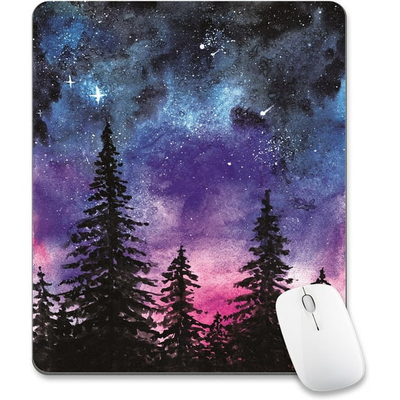 ERDS-Forest Tree Mouse Pad Cute, Purple Starry Sky Night Vintage Watercolor Mountain Plant Mousepad Vertical Aesthetic Nature Scenery Office Small Desk Pad Non-Slip Mouse Mat Washable Desk Decor Acce