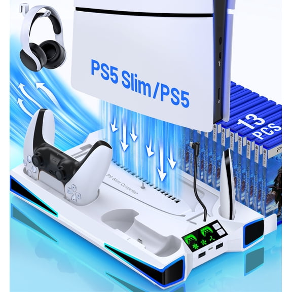 EUROA PS5 Stand Cooling Station for PS5 Pro/Slim/Disc/Digital Edition Console with PS5 Controller Charging Station, 3-Stage Cooling Fan, 13 Game Slots