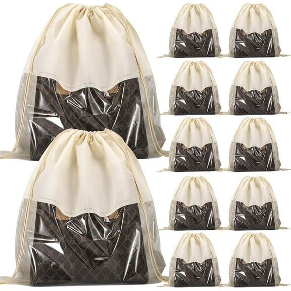 12 PCS Dustproof Drawstring Bags,Breathable Non-Woven Fabric Drawstring Dust Covers,Storage Bags Dust Bag for Handbags Shoes Purses,Beige