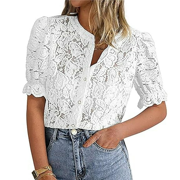 EOYWHK White Lace Tops for Women Button Down Summer Lightweight Embroidered Puff Sleeve Mock Neck Loose Fit Cardigan Blouse ,S-2XL
