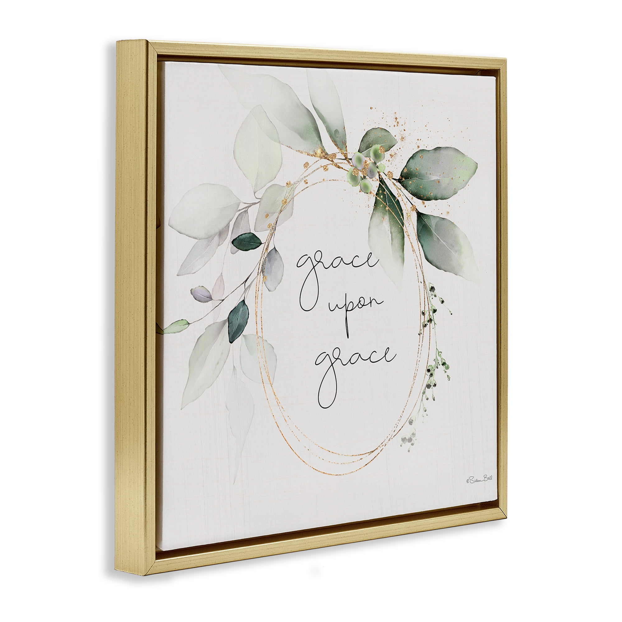 Stupell Industries Grace with Soft Leaves Botanical & Floral Painting Gold Floater Framed Canvas Art Print Wall Art, 18 x 18